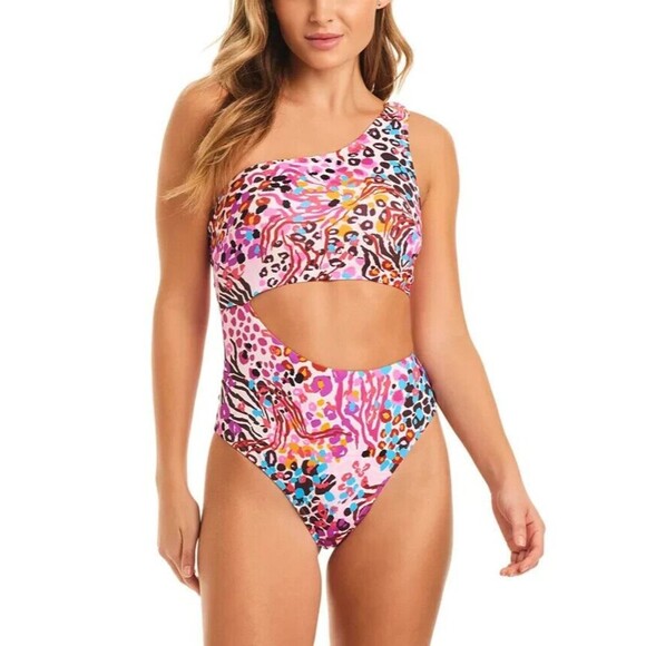 Jessica Simpson Women's Abstract-Print One-Shoulder Swimsuit Pink Multicolor L - Picture 1 of 8